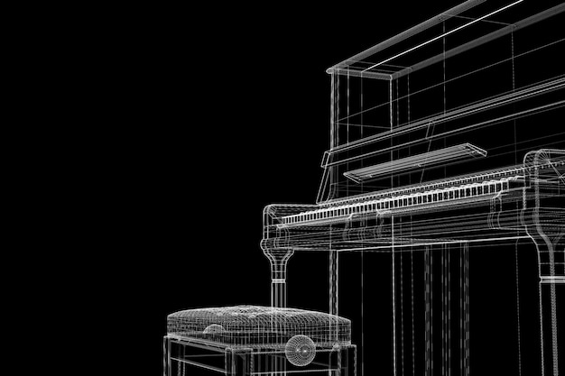 Старинное фортепиано с дорожкой, 3D модель корпуса, проволочная модель