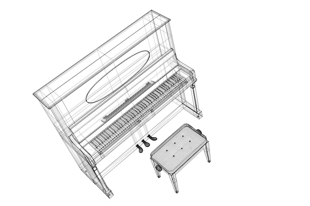 Photo antique piano with path, 3d model body structure, wire model