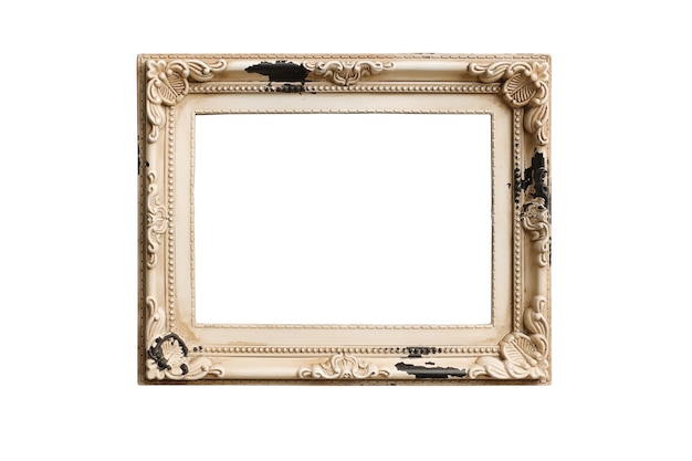 Antique picture frame empty and isolated on white background. Old, vintage, decorative element with free space for your design or text. Frame mockup.