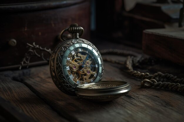 Antique pocket watch 1111 gears aged wood generative IA