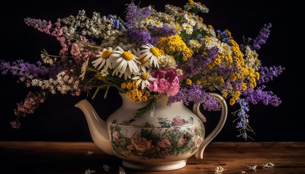 Antique pottery vase holds lilac bouquet arrangement generated by AI