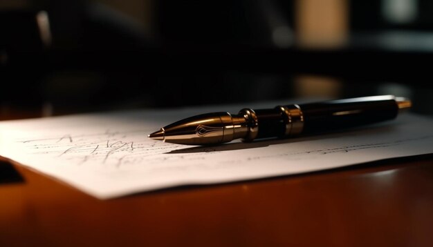 Старинная перьевая ручка подписывает контракт на пустой странице золотого цвета, сгенерированной ИИ