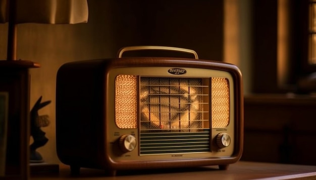 Antique radio on rustic table exudes nostalgia generated by AI