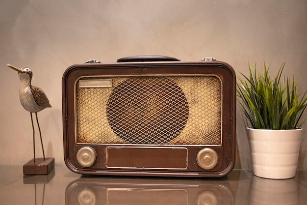 An antique radio with a pot of artificial plant and wooden bird sculpture selective focus points