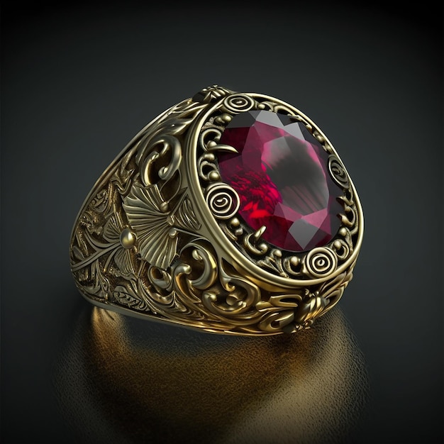 Antique retro gold ring signet with big red ruby gemstone isolated on black closeup, lovely jewelry