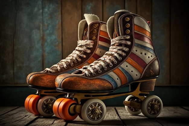 Antique roller skates illustration 80s and 90s style retro background Generative AI