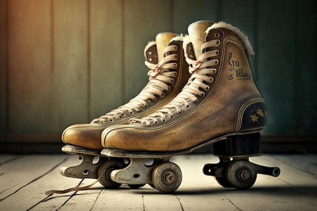 Antique roller skates illustration 80s and 90s style retro background Generative AI