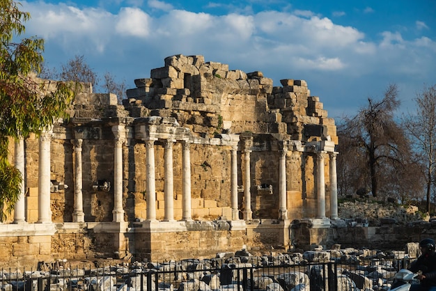 An antique ruined city of columnsRuin View of the ancient city in Side Turkey