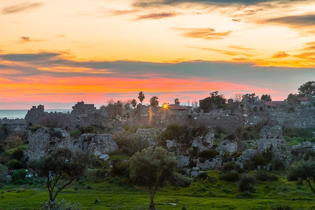 An antique ruined city of columnsRuin View of the ancient city in Side Turkey