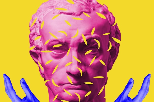 Antique sculpture of human face in artificial intelligence pop art style modern creative concept