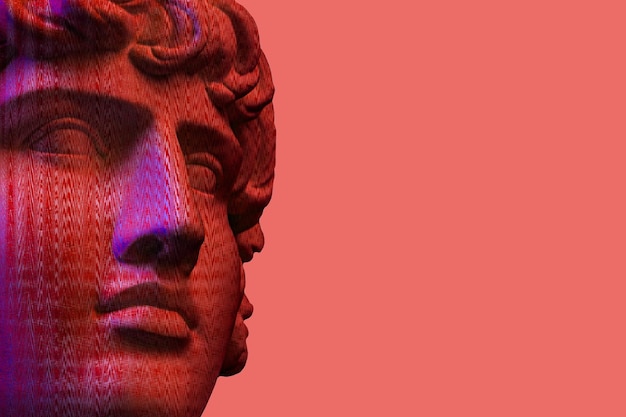 Античная скульптура человеческого лица в стиле поп-арт с искусственным интеллектом, современная креативная концепция