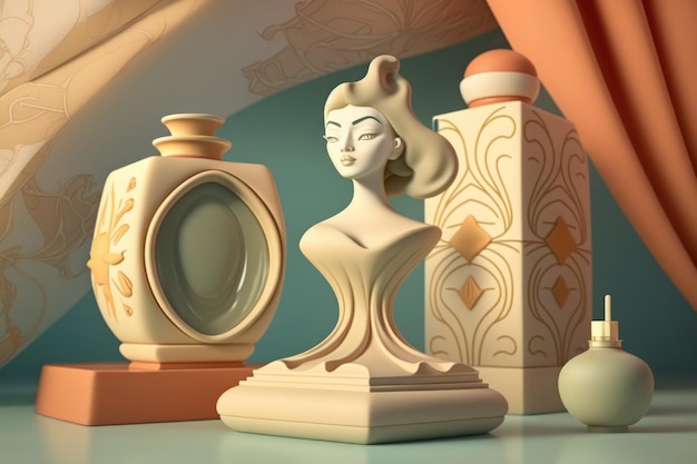 Antique sculptures serve as the backdrop for cosmetic product presentations