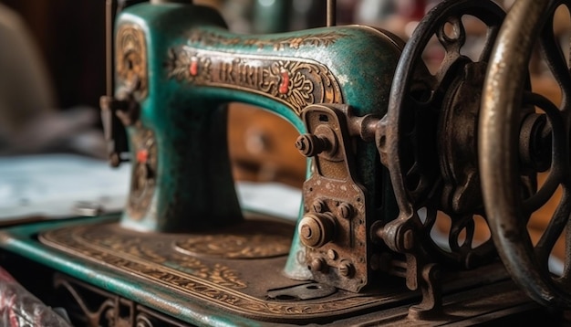 Photo antique sewing machine close up of rusty machinery generated by ai