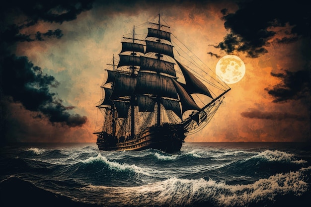 An antique ship rides out a storm in front of a breathtaking sunset
