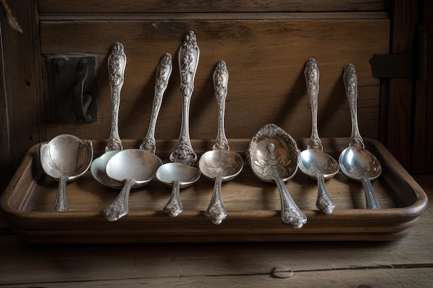 Antique silver spoon set beautifully displayed on wooden board created with generative ai