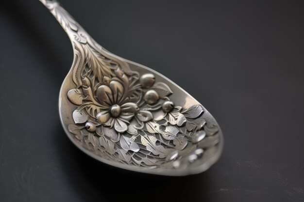 Antique silver spoon with intricate carving on the handle created with generative ai