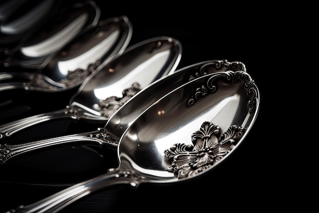 Antique silver spoons on black background with glare created with generative ai