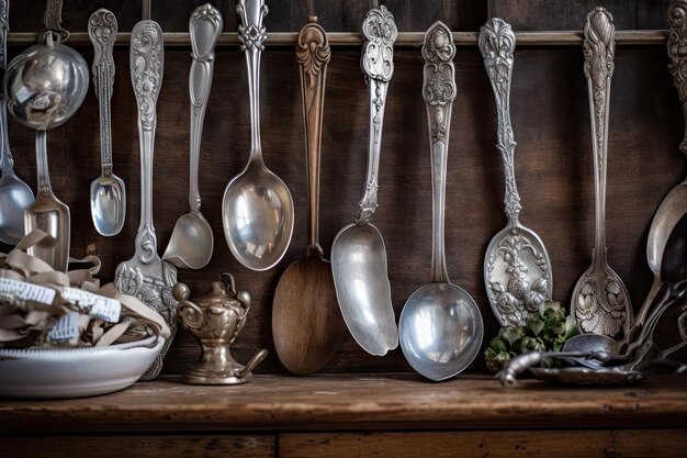 Antique silver spoons hanging from ribbon on wooden display board created with generative ai