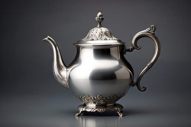 antique silver teapot on gray background close up