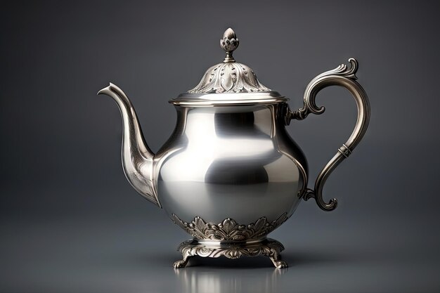 Antique silver teapot on gray background close up