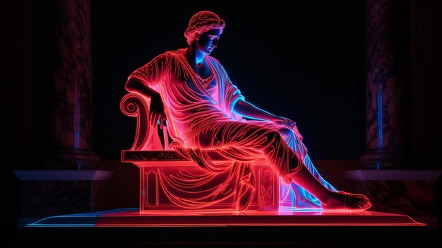 Foto statua antica alla luce del neon