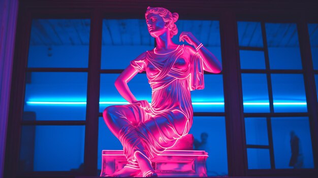 Foto statua antica alla luce del neon