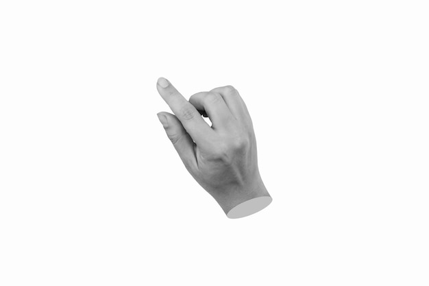 antique statue's hand pointing at empty copy space for design on a white background clicking finger