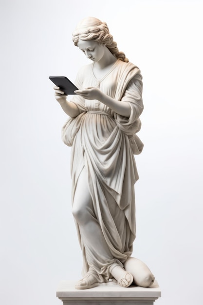 Photo antique statue or sculpture of a girl looking and holding a smartphone ai generation