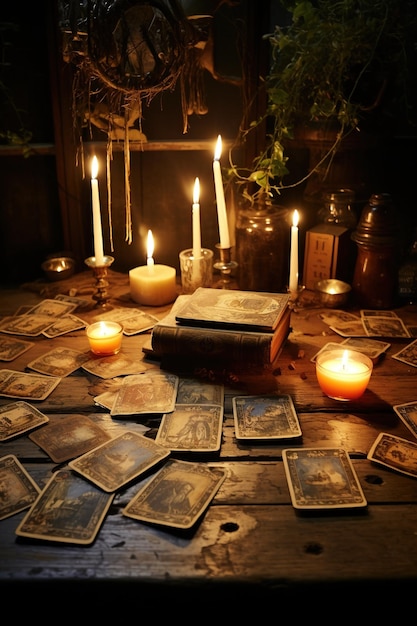 Antique tarot cards scattered across an old wooden table under candlelight