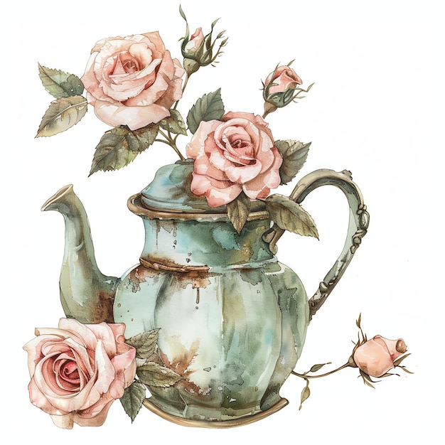 старинный чайник с розовыми розами коттедж простой жизнь