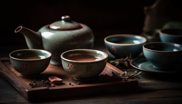 Antique teapot on rustic table surrounded by earthenware ceramics generated by AI