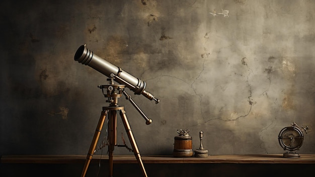 Antique telescope and grey wall