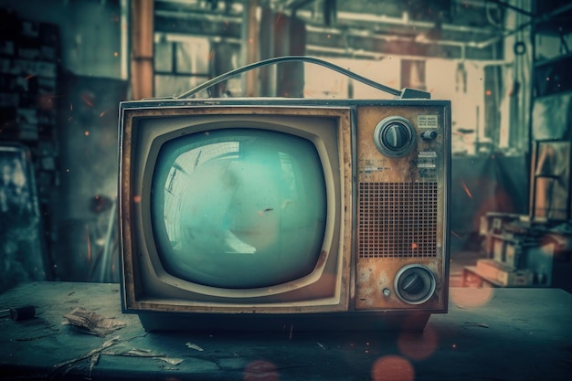 An antique television that was left in an abandoned warehouse in the style of retro filters sciencefiction dystopias Generative AI