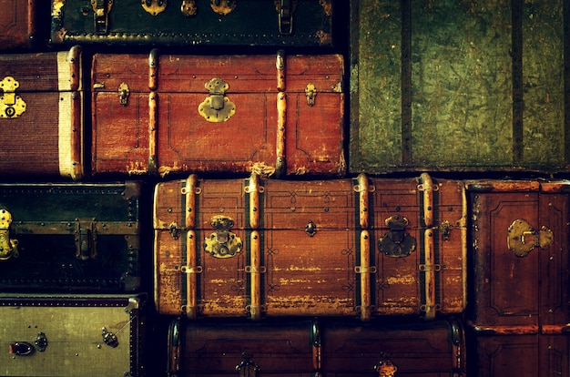 Antique travel bags stacked