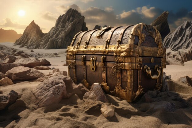 Antique Treasure Chest Buried on a Desert Island Generative AI