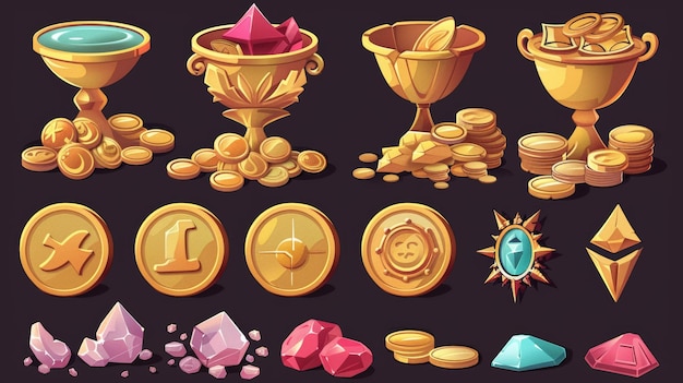 An antique treasure pile with gold coins and jewels modern Isolated gold and jewelry currency icon collection isolated on a dark background Cute shiny gold diamonds rubies and goblets loot