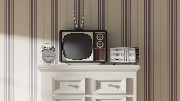 Photo antique tv set alarm clock and radio on cabinet home interior 3d rendering