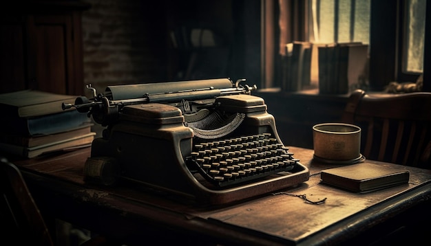 Antique typewriter on rustic table close up of obsolete machinery generated by artificial intelligence