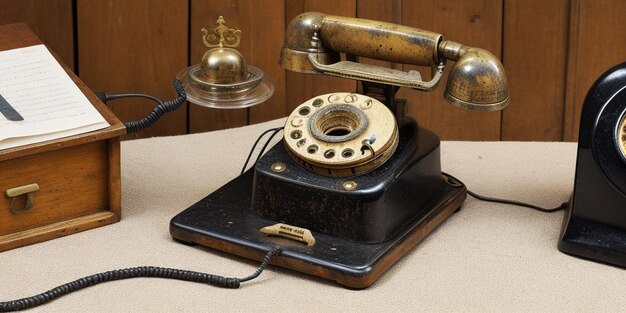 Photo antique typewriter and telephone on a table