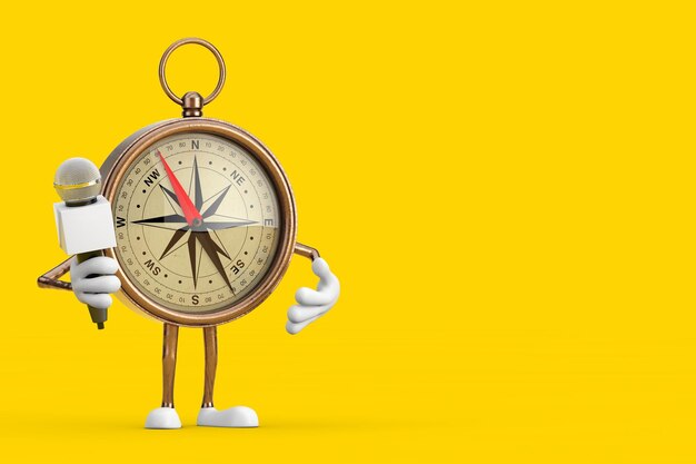 Antique vintage brass compass cartoon person character mascot with modern chrome microphone on a yellow background 3d rendering