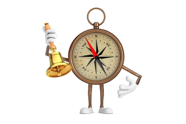 Foto compass di ottone antico personaggio di cartone animato mascotte con campana scolastica dorata d'epoca su sfondo bianco rendering 3d