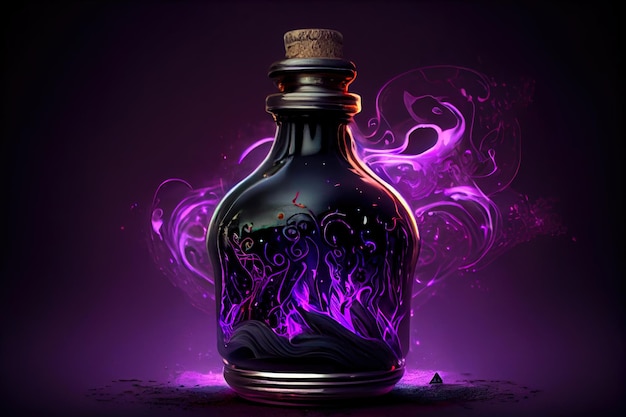 Antique and vintage glass bottle on dark foggy background with light Poison or magic liquid concept