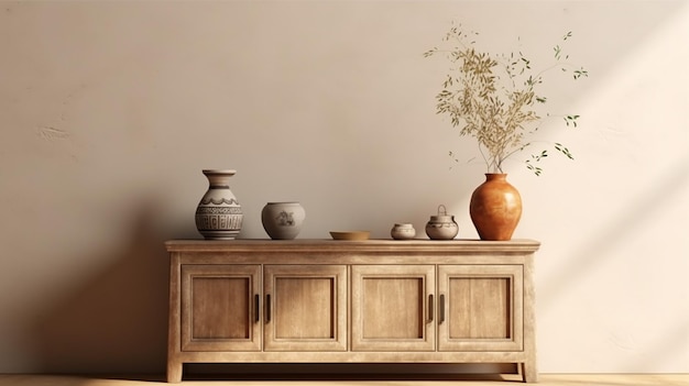 antique vintage wooden cabinet top with tropical tree in rattan basket clay vase in sunlight shadow