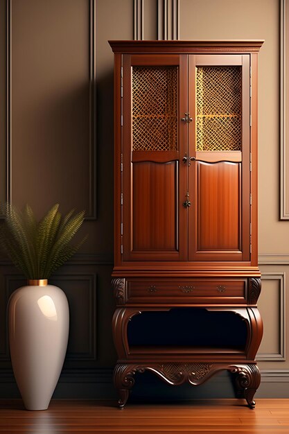 きれいな日光の影に籐のドアの黒いスチール脚の花瓶が付いているアンティーク ヴィンテージ木製キャビネット