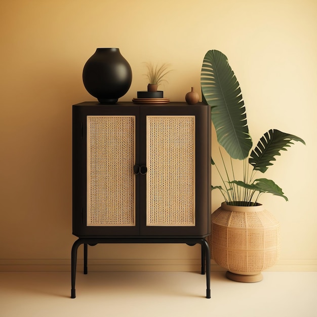 Photo antique vintage wooden cabinet with rattan door an ideal furniture product background for interior design decoration generative ai