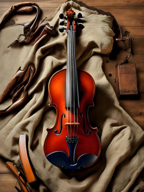 An antique violin lies on a wooden table Generative AI content