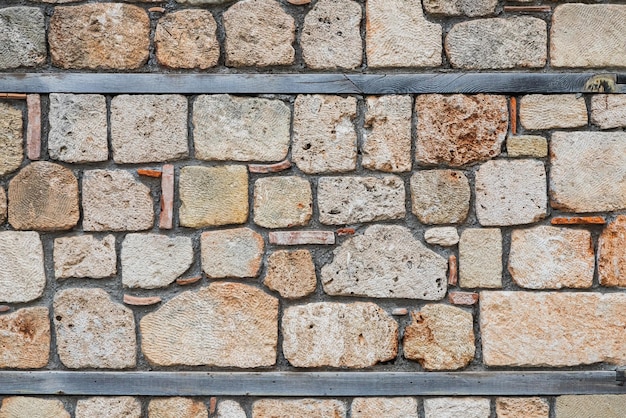 The antique wall is paved with gray stones top view stone texture outdoor stone tiles