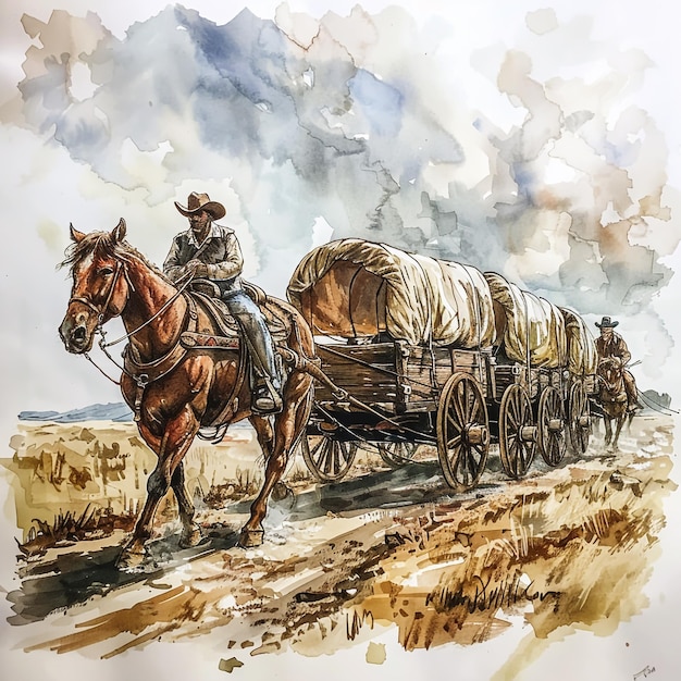 Antique western wagon pulled by horses