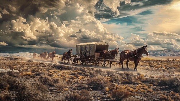 Antique western wagon pulled by horses