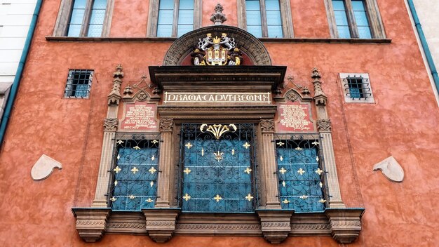 Antique window frame on an old building in Prague Czech Republic